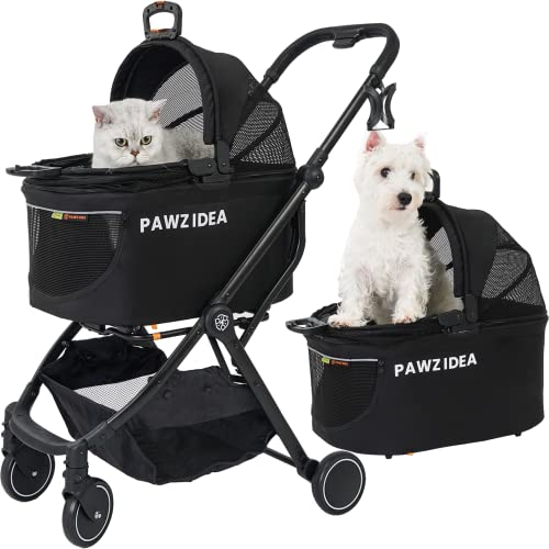 PAWZIDEA Pet Stroller 4 in 1, Cat/Dog Strollers for Small Medium Dogs, Detachable Travel Carrier w/Easy-Lock NO-Zip Canopy, Seatbelt Puppy Booster Car Seat Combo, Cat House, Lightweight Cage Jogger