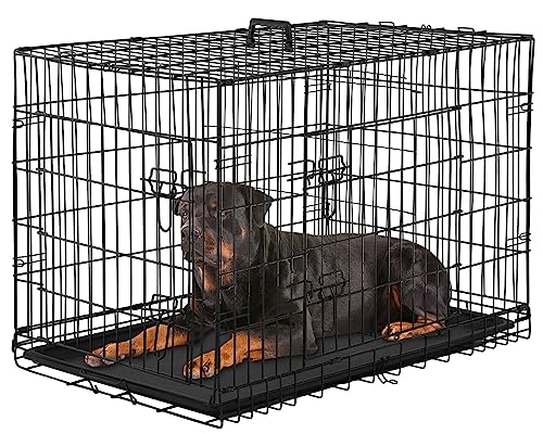 PayLessHere Large Dog Crate Kennel for Medium Large Dogs Metal Dog Cage Double-Door Folding Travel Indoor Outdoor Puppy Playpen with Divider and Handle Plastic Tray,42 inches