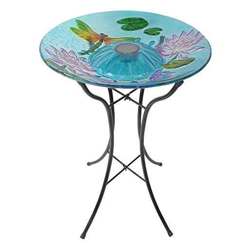 Peaktop 3208900 Outdoor Dragonfly Fusion Glass Solar Bird Bath w/Metal Stand, 18" Blue/ Dragonfly