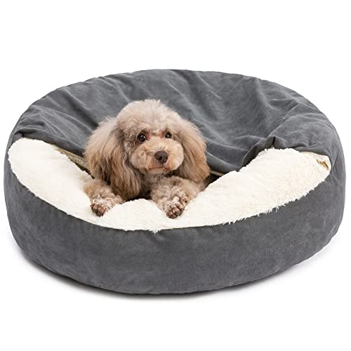 PELZIN Small Dog Bed for Small Dogs Up to 30lbs - Washable Burrow Puppy Beds with Blanket Attached - Covered Dog Cave Bed with Anti-Slip Bottom - Charcoal Gray, 27"