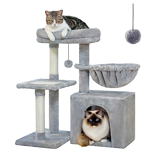 PEQULTI Small Cat Tree, [28.5''] Cat Tower for Indoor Cats, 2 Styles Cat Activity Tree with Cat Scratching Posts, Big Hammock and Removable Top Perch Grey