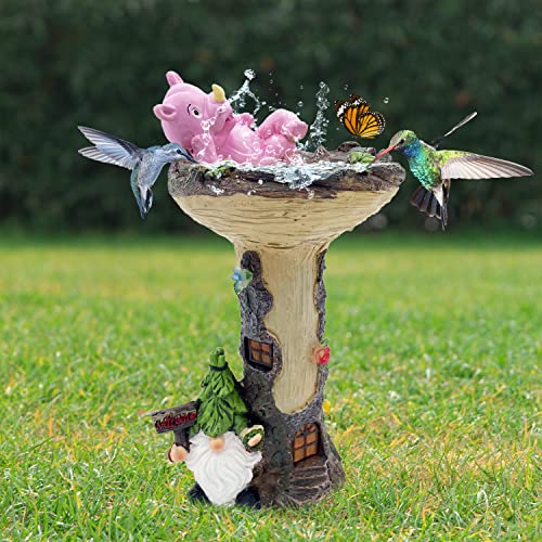 PERFECTOP Solar Birdbath Bird Feeder Garden Statue, Decorative Birdbath Tray with Welcome Gnome & Fairy House, Tiny Hummingbird Butterfly Squirrel Feeder Bowl, Outdoor Patio Yard Lawn Decor, 13''H