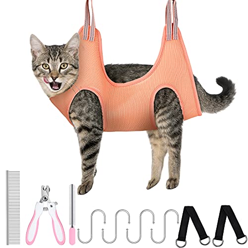 Pet Grooming Hammock for Cats & Dogs Hanging Harness Pet Supplies Kit with Nail Clippers Trimmer, PET Comb, Nail File Adjusting Band Grooming Table for Cats Dogs Bathing Washing (Pink,Small)