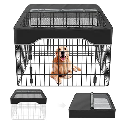 Pet Playpen Cover, Jhua 35 Inch 4 Panels Dog Playpen Cover for Pets, Adjustable Half Mesh Top Cover for Dog Playpen, Provide Shaded Areas Anti Escape Outdoor Indoor Dog Pen Cover (Playpen Not Include)