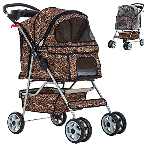 Pet Stroller Dog Cat Cage Stroller 4 Wheels W/RainCover,Leopard Skin