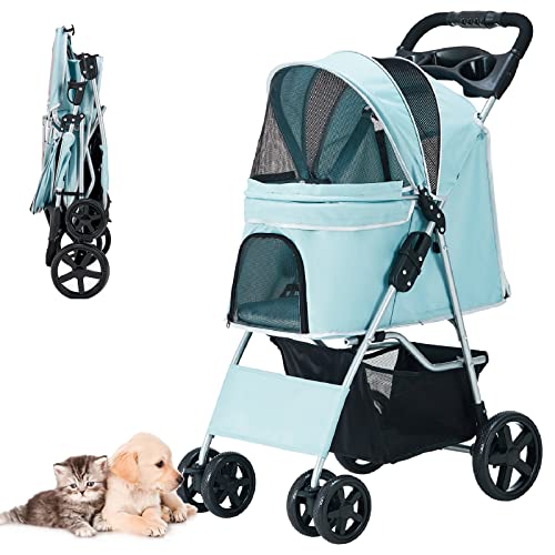 Pet Stroller for Medium Small Dogs & Cats, One-Hand Folding Portable Travel Cat Dog Stroller with Large Storage Basket and Cup Holder, 4 Wheels, Light Blue