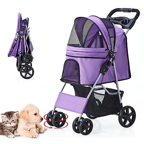 Pet Stroller for Medium Small Dogs Cats, One-Hand Folding Portable Travel Cat Dog Stroller with Storage Basket and Cup Holder, 4 Wheels, Purple