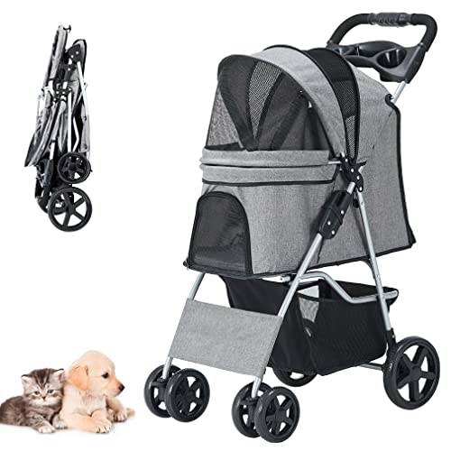 Pet Stroller for Medium Small Dogs Cats, One-Hand Folding Portable Travel Cat Dog Stroller with Storage Basket and Cup Holder, 4 Wheels, Gray