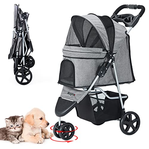 Pet Stroller for Medium Small Dogs & Cats, One-Hand Folding Portable Travel Cat Dog Stroller with Large Storage Basket and Cup Holder, 3 Wheels, Gray