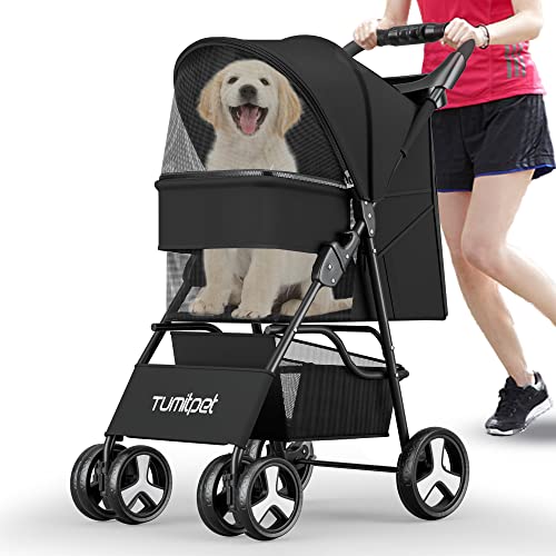 Pet Stroller for Small Dogs - 4 Wheels Wonfuss Pet Gear Travel Carriage Pushchair for Medium Small Dog Cat with Mesh Window, One-Click Fold, Safety Belt, Storage Basket, Cup Holder