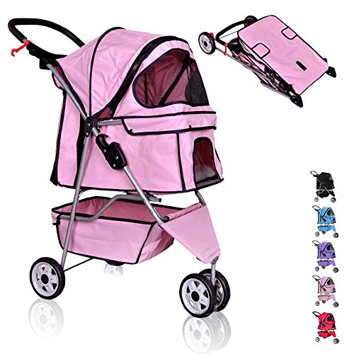 Pet Stroller for Small Medium Dogs & Cats,Folding Dog Stroller Carrier Strolling Cart,3 Wheel Travel Jogger Cat Stroller with Removable Liner,Cup Holders,Weather Cover and Large Storage Basket,Pink…