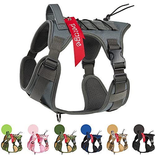 PETAGE Tactical Dog Harness for Small Medium Large Dogs No Pull Adjustable Soft Padded Dog Vest Reflective No-Choke Pet Oxford Vest with Easy Control Pet Vest Military Service Dog Harnesses(GreyL)