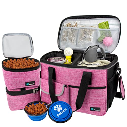 PetAmi Dog Travel Bag, Airline Approved Tote Organizer with Multi-Function Pockets, Food Container and Collapsible Bowl, Weekend Pet Supplies Travel Luggage Suitcase for Dog, Cat (Pink, Medium)