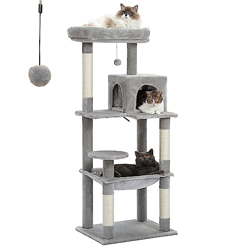 PETEPELA 56.3'' Tall Cat Tree for Indoor Cats, Multi-Level Cat Tower with Super Large Hammock (20''X16''), Sisal Covered Scratching Posts, Cozy Condo and Top Perch, Grey