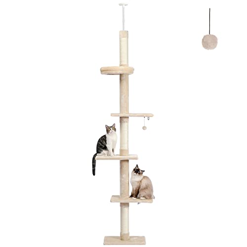 PETEPELA Cat Tower 5-Tier Floor to Ceiling Cat Tree Height(95-107 Inches) Adjustable, Tall Cat Climbing Tree Featuring with Scratching Post, Cozy Bed,Interactive Ball Toy for Indoor Cats/Kitten Beige