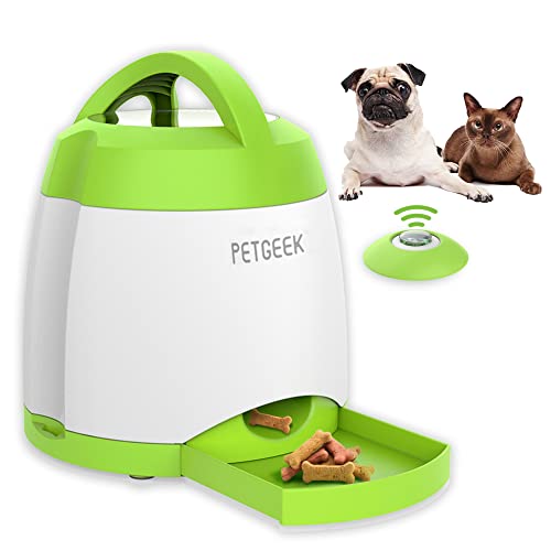 PETGEEK Treat Dispensing Dog Toys, Dog Food Dispenser with Dog Button Remote Control, Automatic Cat Dog Feeder, Dual Power Supply Dog Puzzle Toys Safe ABS Material, Green Color 2