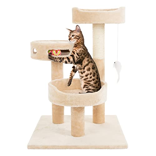 PETMAKER 3-Tier Cat Tower Collection - 2 Carpeted Napping Perches, Sisal Rope Scratching Post, Hanging Mouse, and Interactive Cheese Wheel Toy