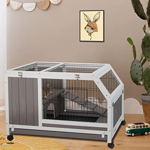 Petscosset Rabbit Hutch - Indoor Rabbit Cage Indoor Bunny Hutch Two Story Bunny Cage Wooden Rabbit Cages on Wheels Guinea Pig Indoor Cage with Ramp Two Deep No Leak Pull Out Tray