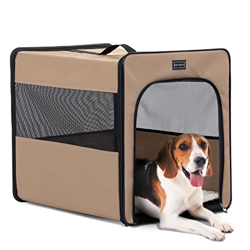 Petsfit Collapsible Dog Crate, Upgrade Zipper and Strengthen The Seam, to Prevent from Escaping, Dog Crate 24 Inch Khaki