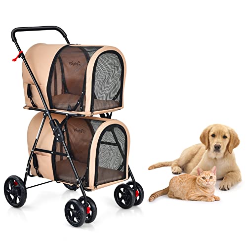 PETSITE Double Dog Stroller, Foldable Pet Stroller for 2 Dogs & Cats Small Medium Sized with Detachable Carrier on Wheels, Jogger Stroller Crate for Car Seat Walking Camping Travel Beige