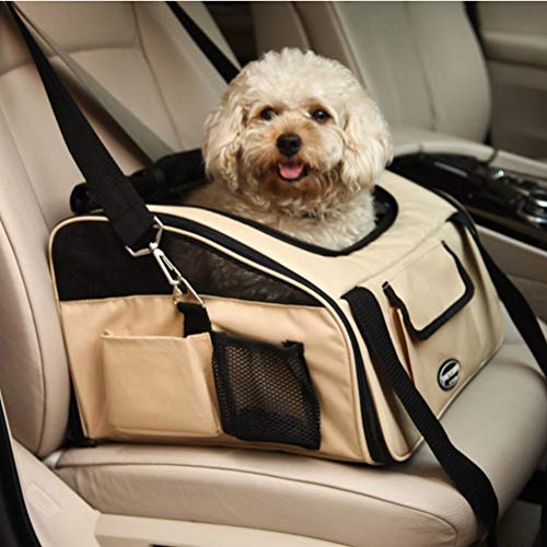 Pettom Pet Car Booster Seat Carrier Airline Approved for Dog Cat Puppy Small Animal Travel Cage (Khaki, Large-Hold Pet up to 15lb)