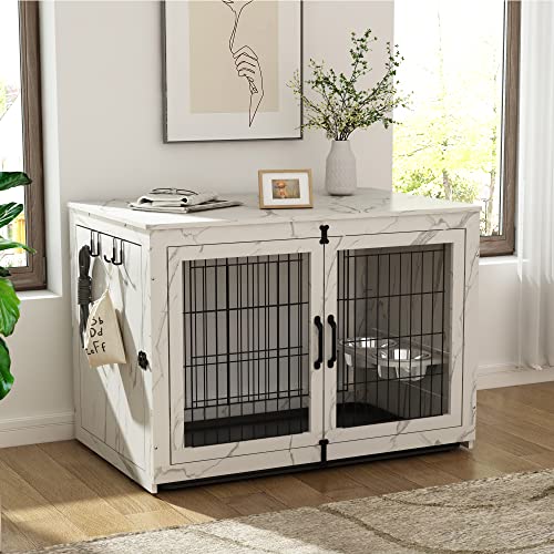 Piskyet Wooden Dog Crate Furniture with 360° Rotatable Removable Dog Bowls, Large Dog Crate End Table with Tray, Double Doors Dog Kennels Indoor for Medium Dogs - Marble White, 43 inch