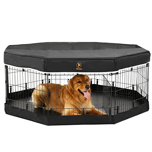 PJYuCien Foldable Exercise Metal Pet Playpen with Door, Bottom Pad and Top Cover, Dog Fence, Puppy Pen, Rabbit Yard, Small Animal Kennels, Indoor/Outdoor 8 Panel 24" W x 24" H