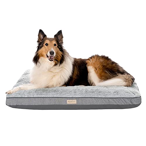 PoochPlanet Large Memory Foam Mix Dog Bed Plush & Pinstripe Mattress w/Removable Washable Cover - Gray, Large