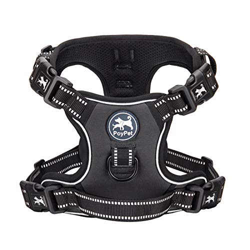 PoyPet 2019 Upgraded No Pull Dog Harness with 4 Snap Buckles, 3M Reflective with Front & Back 2 Leash Hooks and an Easy Control Handle for Small Medium Large Dogs[NO NEED Go Over Dog’s Head] (Black,M)