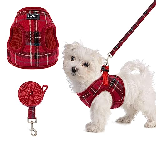 PUPTECK Soft Mesh Dog Harness and Leash Set Step-in Plaid Puppy Padded No Pull Vest Harness for XS Small Medium Sized Dogs Cats Outdoor Walking, Red M