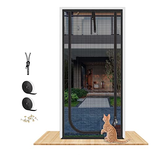 QWR Upgraded Pet Screen Door Fits Doors Up to 36"x84",Heavy Duty Cat Proof Mesh Screen Door with Zipper Closure,Prevent Cats Running Out from Home,Bedroom,Living Room,Kitchen(U-Type,Black)