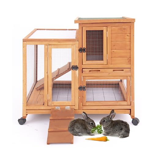Rabbit Hutch for 2 Rabbits,Indoor Outdoor Bunny Cage Chicken Coop with Run, Wooden Rabbit Cage with Waterproof Roof & Pull Out Tray,Pet House for Rabbits, Chicken and Small Animals