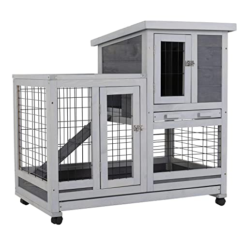 Rabbit Hutch Indoor and Outdoor Rabbit Cage 37 Inch Wide Wooden Hutch House Guinea Pig Cage with Wheels Rolling Large Hutch Cage,Grey