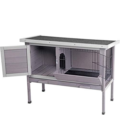 Rabbit Hutch, Wooden Bunny Cages Indoor with Deeper Leakproof Tray - Upgrade with Metal Wire Pan (Grey, Rabbit Hutch #001-B) Large