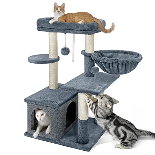 rabbitgoo Cat Tree for Indoor Cats, 33" Cat Tower Condo with Scratching Posts for Kittens, Small Cat Climbing Stable Stand with Toys & Plush Perch for Feline Play Rest, Multi-Level Pet Activity Center