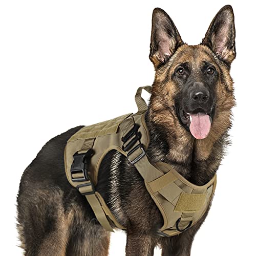 rabbitgoo Tactical Dog Harness for Large Dogs, Heavy Duty Dog Harness with Handle, No-Pull Service Dog Vest Large Breed, Adjustable Military Dog Vest Harness for Training Hunting Walking, Tan, L