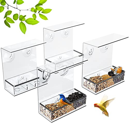 Redboat 4 Pack Bird Feeder Window, Small Window Bird Feeders with Strong Suction Cups, Clear Bird House with 3 Compartment Removable Tray for Outside Wild Birds