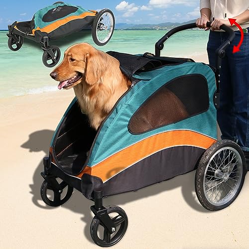 Refhey XL Dog Stroller for Medium Dogs, Small Dogs, Heavy Duty Air Tires Pet Stroller for Big Dogs Easy Fold Big Rubber Wheels, Adjustable Handle Rain Cover, Low to Ground Entry Up to 200lbs Green