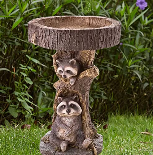 Renyqatt Bird Baths for Outdoor Raccoon, Garden Bird Feeding Statues, Polyresin Big Raccoon Bird Bath Brown Pedestal Handmade Gifts for Outdoor Home Garden, Yard Lawn Decorations