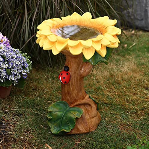 Renyqatt Bird Baths for Outdoor Sunflower, Garden Bird Feeding Statues, Polyresin Big Tree Shape Bird Bath Brown Pedestal Handmade Gifts for Outdoor Home Garden, Yard Lawn Decorations (Sunflower)