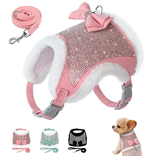 Rhinestone Dog Harness and Leash Set Soft Warm Pet Harness Vest Dogs Bowknot Harness Lead Adjustable for Dogs Cats Pink XS