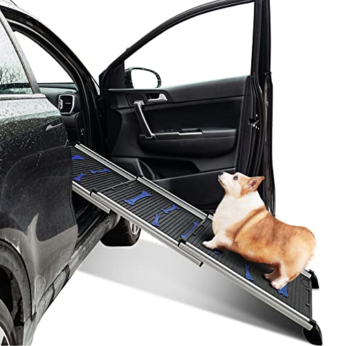 ROBLOCK Dog Car Ramp Folding Pet SUV Ramp Portable with Non-Skid Surface, Anti-Resistant with Rubber Bone Pattern, Adjustable Length 28" to 62", Suitable for Large Medium Small Dogs, Blue