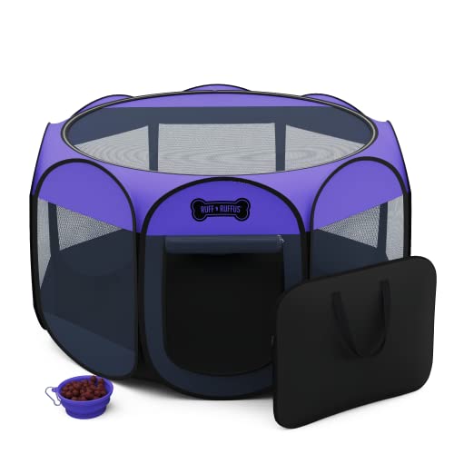 Ruff 'N Ruffus Portable Foldable Pet Playpen + Carrying Case & Collapsible Travel Bowl | Indoor/Outdoor use | Water Resistant | Removable Shade Cover (Extra Large (48" x 48" x 23.5") Free Bonus)