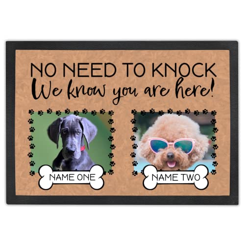 Sentiment House Personalized Door Mat - Dog Door Mat - Welcome Mat - Floor Mats - Front Door Mat - Door Mat - Doormat - No Need to Knock - Add Your Photo & Dog Name for 2 Dogs (24" x 16")