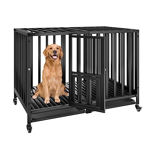 SFTORMAS 47" Heavy Duty Dog Crate,Robust Stable Dog Kennel,Suitable for High Anxiety Escape Proof Dog Crate,Two-Door Design Large Dog Crate,Dog Crate with Locking Wheels and Removable Tray,Black