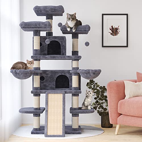 SHA CERLIN 68 Inches Multi-Level Large Cat Tree for Large Cats/Big Cat Tower with Cat Condo/Cozy Plush Cat Perches/Sisal Scratching Posts and Hammocks/Cat Activity Center, Dark Grey