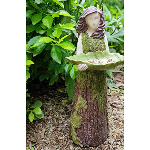 Sherwood Fern Fairy Statuary with Bird Feeder Resin Figurine Goddess Evergreen Outdoor Garden Decor,Height 12 inch