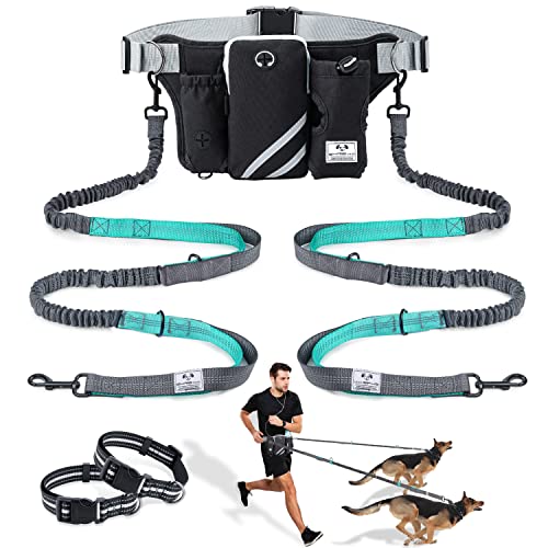 SHINE HAI Retractable Hands Free Dog Leash with Dual Bungees for 2 Dogs, Adjustable Waist Belt Fanny Pack, Reflective Stitching Leash for Running Walking Hiking Jogging Biking Black