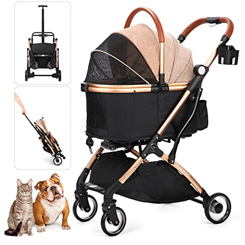 SKISOPGO 3 in 1 Foldable Pet Stroller for Small Medium Dogs Cats, No-Zip Dog Stroller with Detachable Carrier, Push Button, Luxury Pet Gear Stroller for Puppy Travel (Khaki)