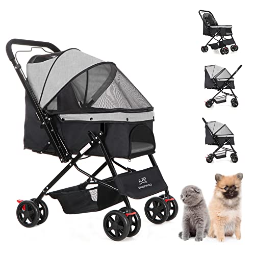 SKISOPGO Foldable Dogs Cats Pet Strollers for Small Medium Travel with Shock Absorption, Quick Folding Design Pet Gear Stroller (Grey)